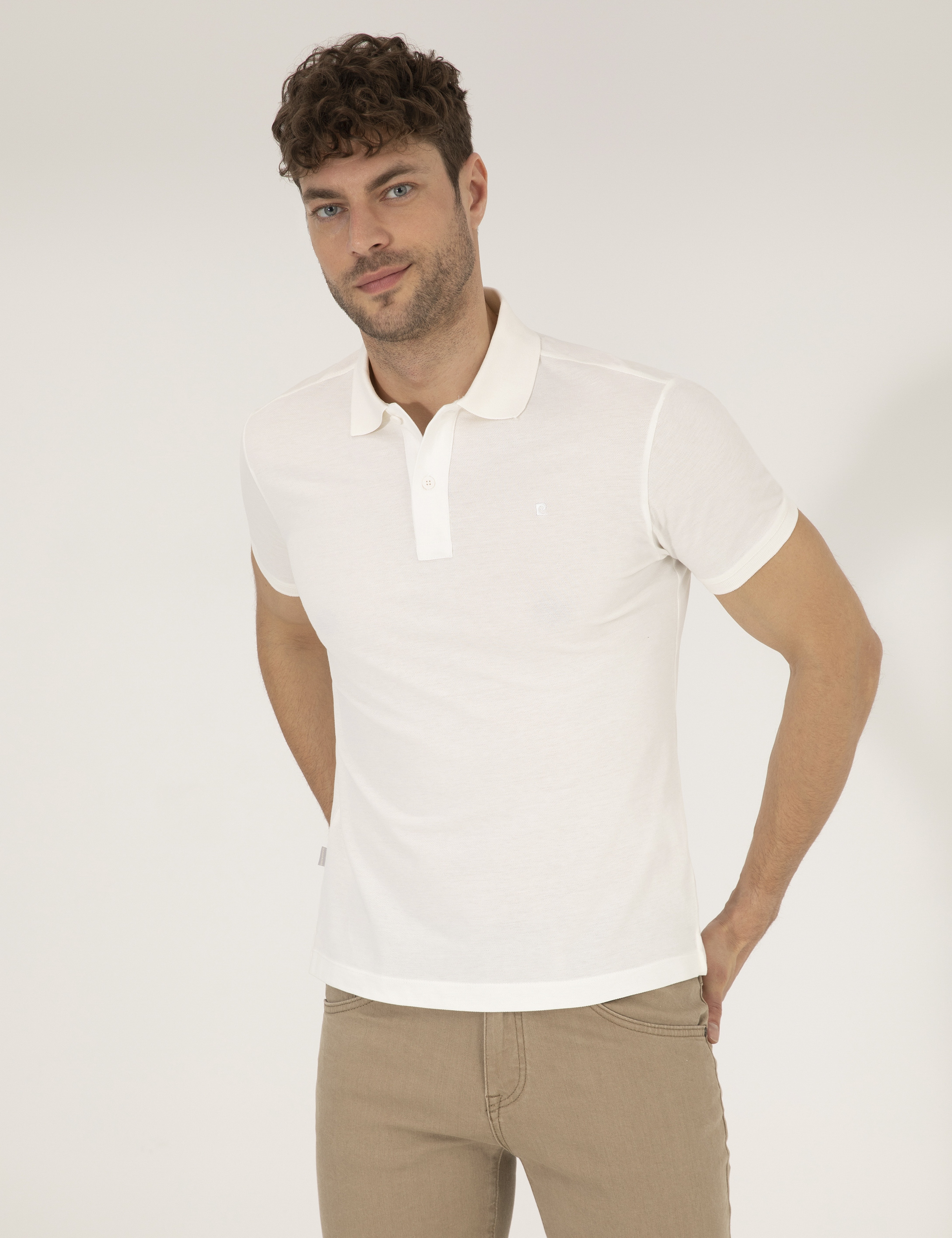 Beyaz Slim Fit %100 Pamuk Düğmeli Polo Yaka Basic Tişört
