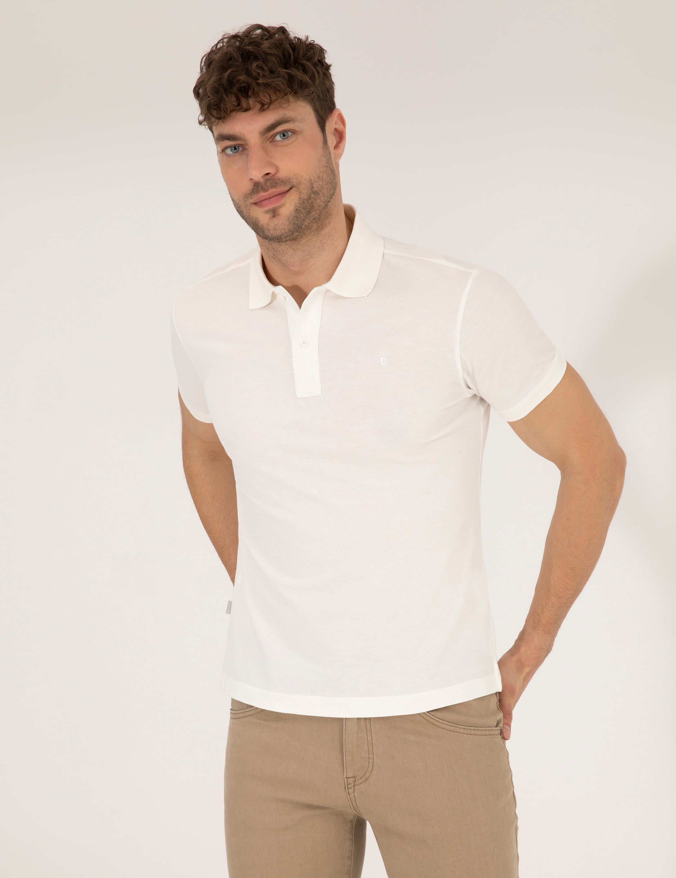 Beyaz Slim Fit %100 Pamuk Düğmeli Polo Yaka Basic Tişört