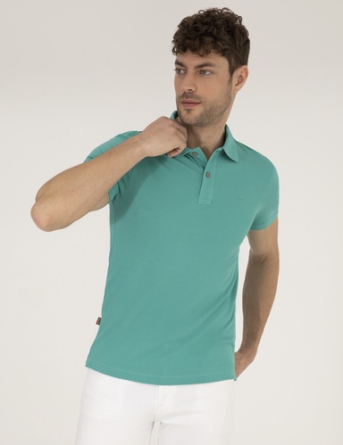 Yeşil Slim Fit %100 Pamuk Düğmeli Polo Yaka Basic Tişört