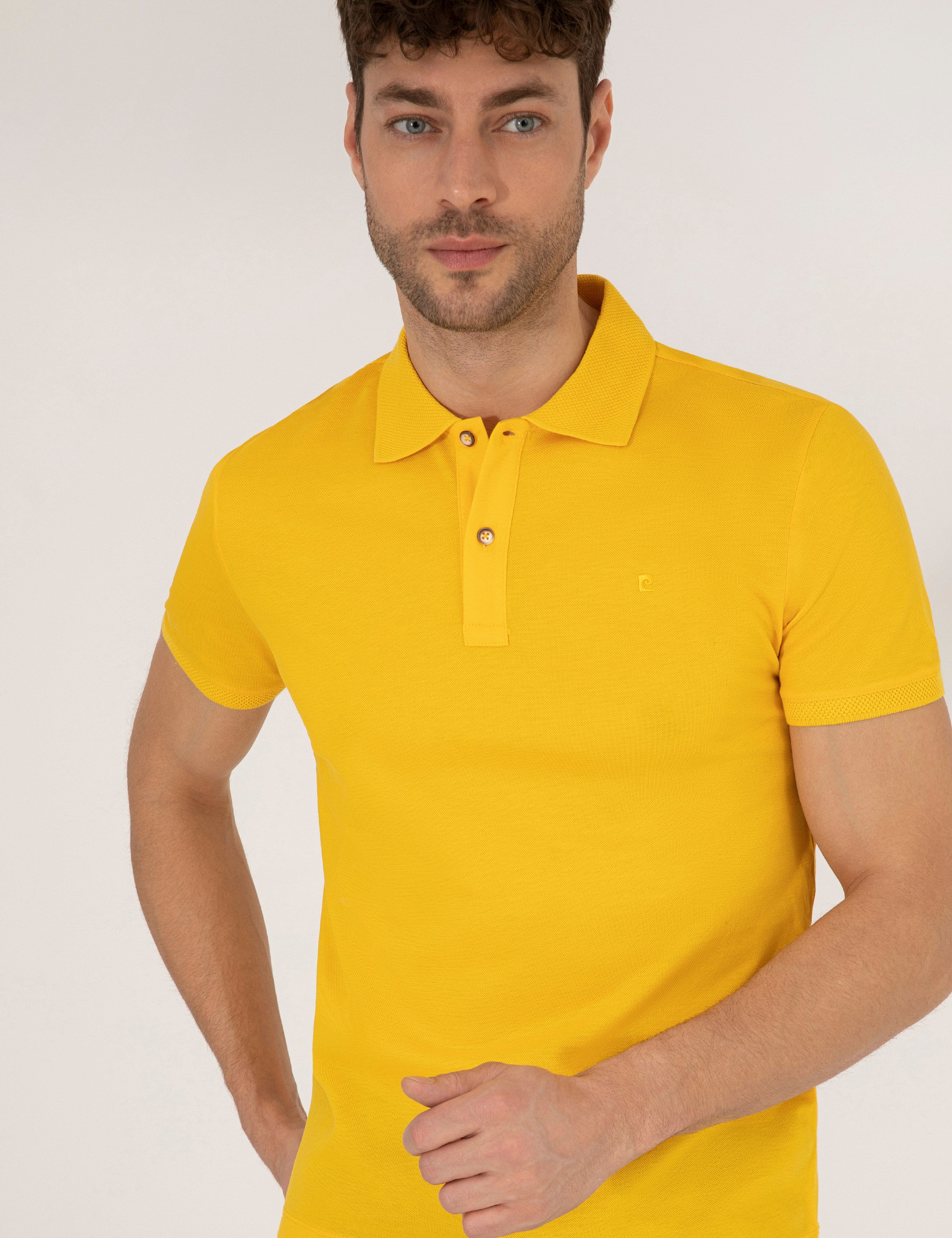 Sarı Slim Fit Polo Yaka Merserize Tişört - Image 2