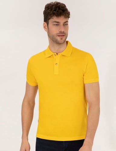 Sarı Slim Fit %100 Pamuk Düğmeli Polo Yaka Merserize Basic Tişört