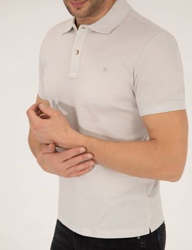 Açık Gri Slim Fit %100 Pamuk Düğmeli Polo Yaka Merserize Basic Tişört