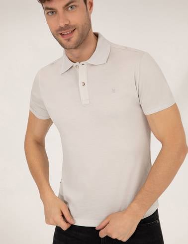 Açık Gri Slim Fit %100 Pamuk Düğmeli Polo Yaka Merserize Basic Tişört