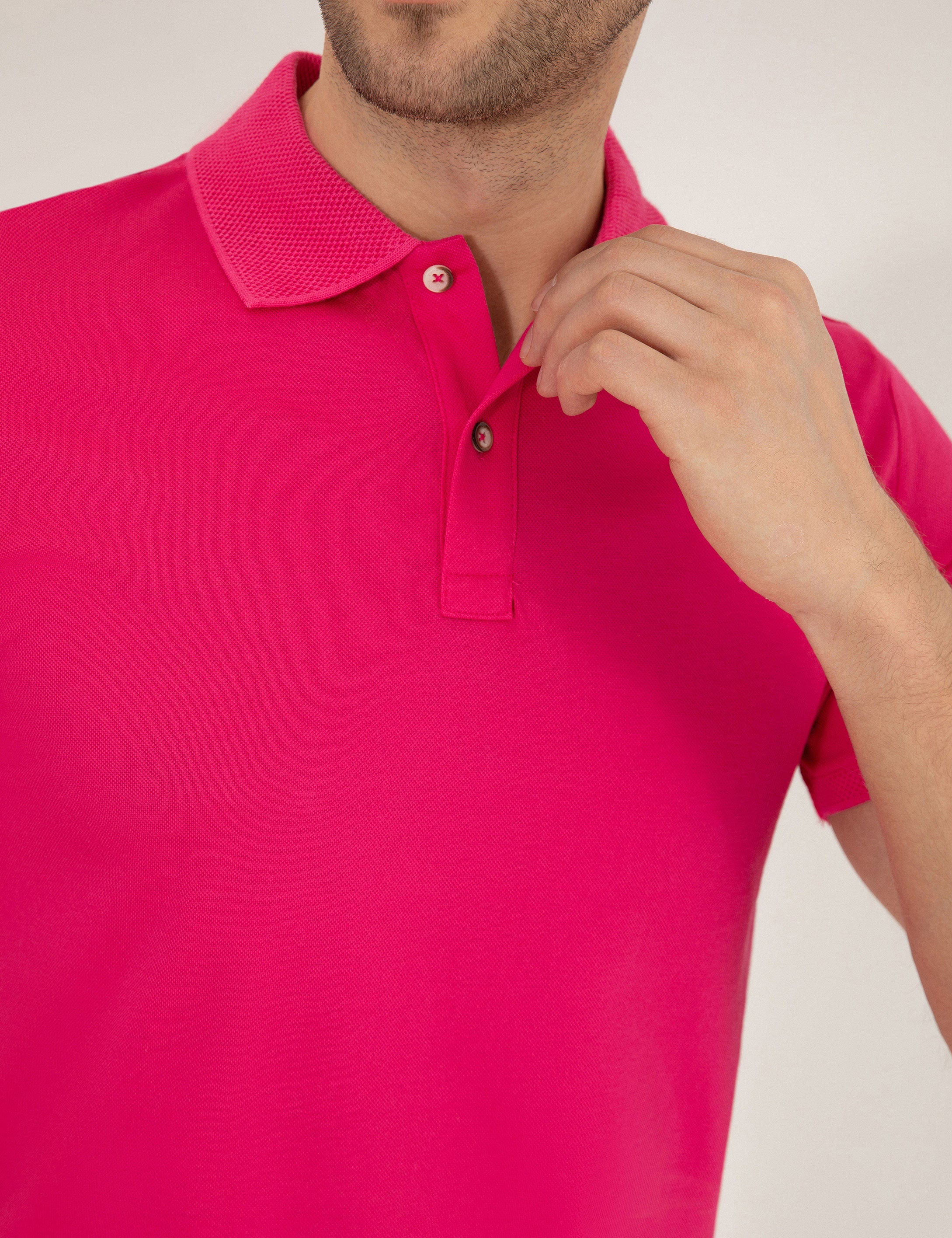 Pembe Slim Fit Polo Yaka Merserize Tişört - Image 7