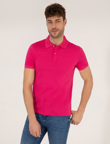 Pembe Slim Fit %100 Pamuk Düğmeli Polo Yaka Merserize Basic Tişört