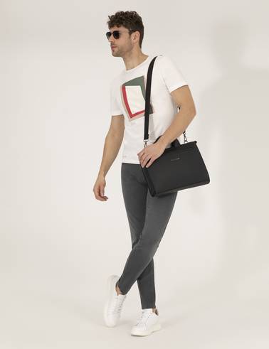 Ekru Slim Fit Baskılı Bisiklet Yaka Tişört