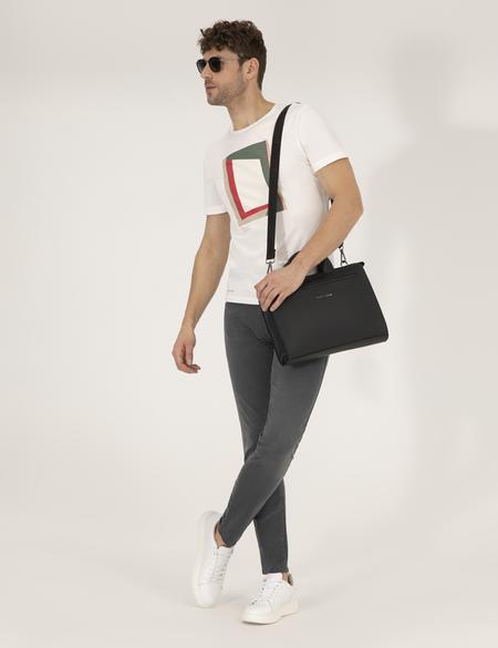 Ekru Slim Fit Baskılı Bisiklet Yaka Tişört - 50263922023