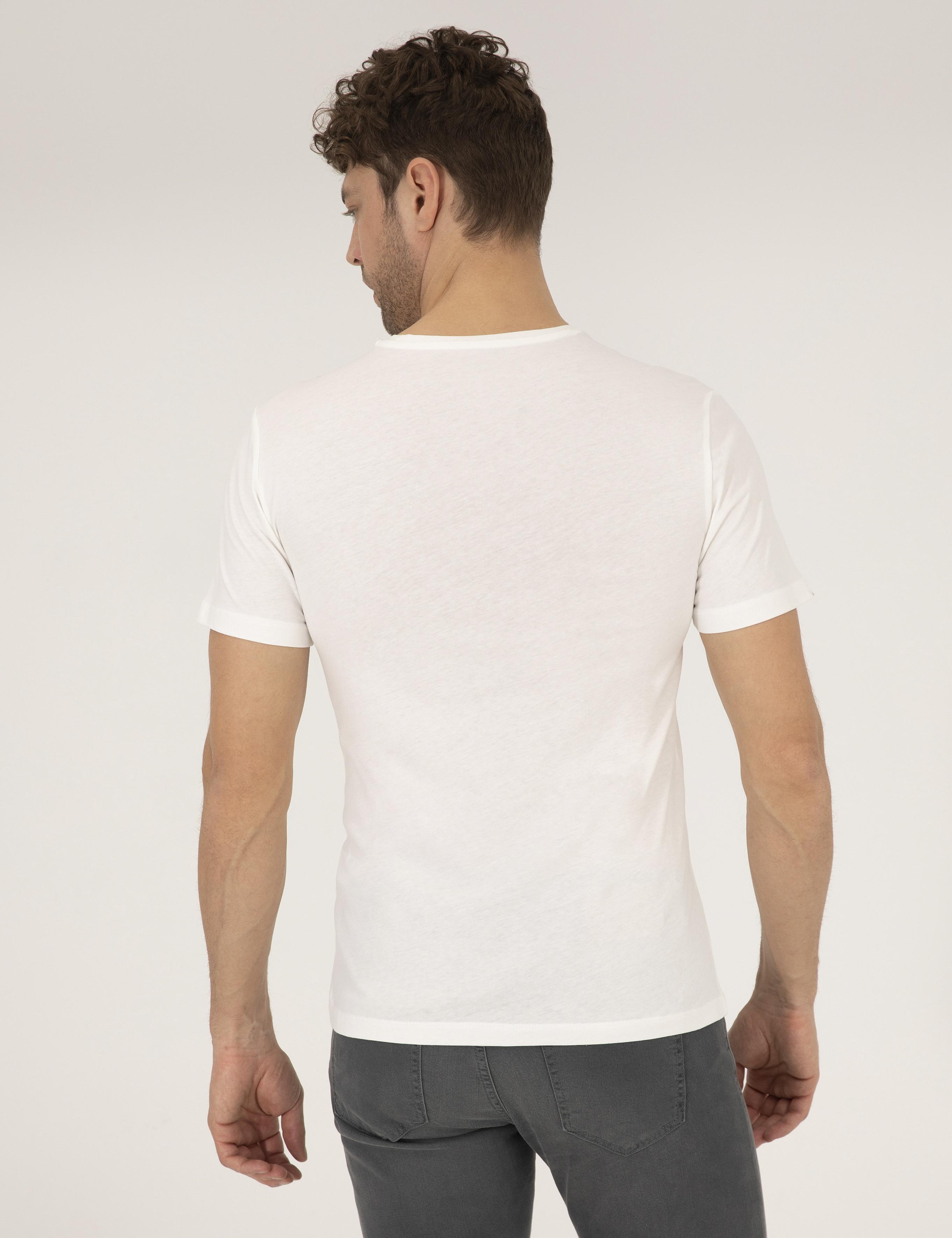 Ekru Slim Fit Baskılı Bisiklet Yaka Tişört