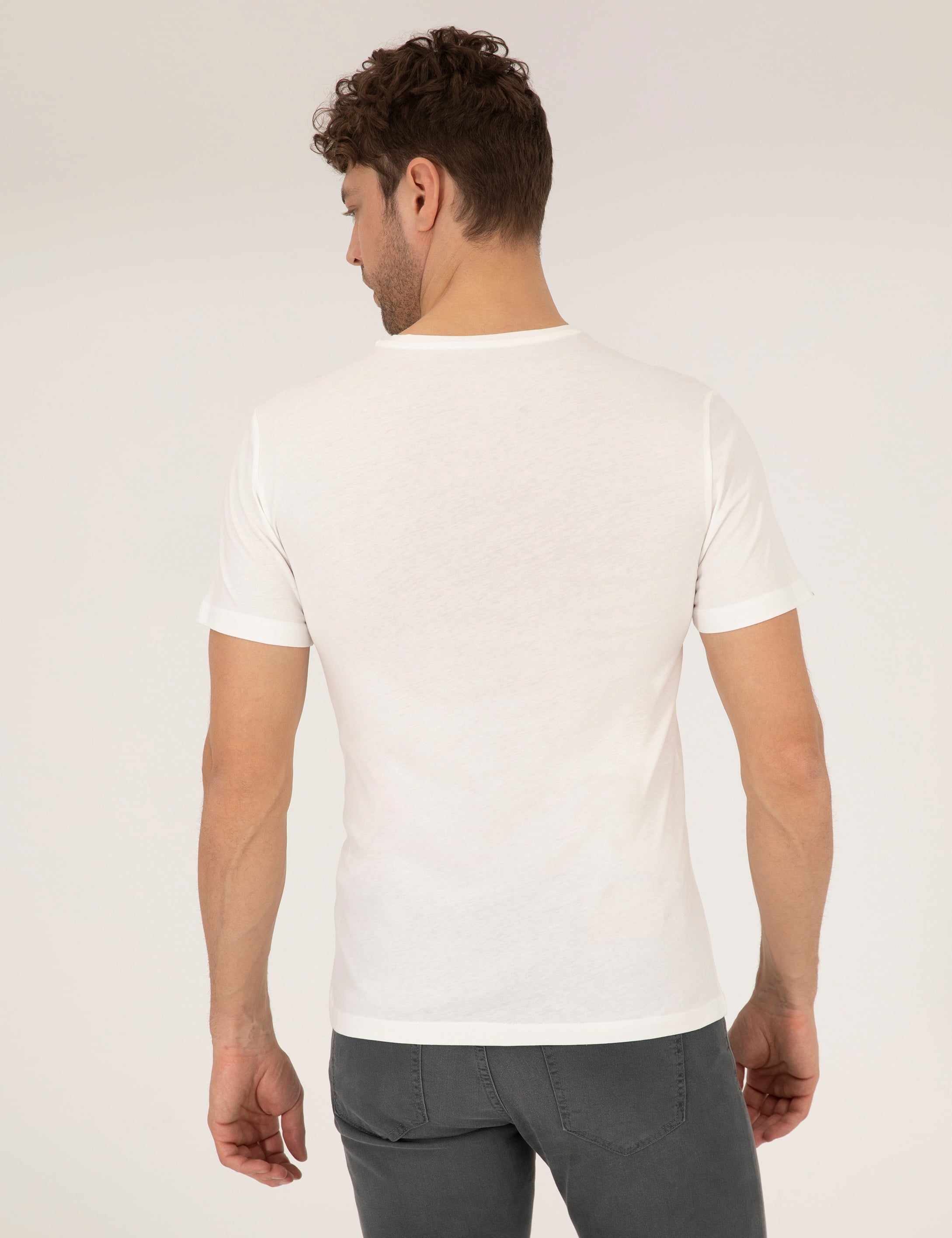 Ekru Slim Fit Baskılı Bisiklet Yaka Tişört