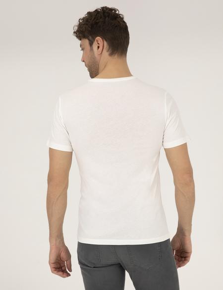 Ekru Slim Fit Baskılı Bisiklet Yaka Tişört - 50263922023