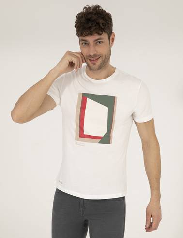 Ekru Slim Fit Baskılı Bisiklet Yaka Tişört