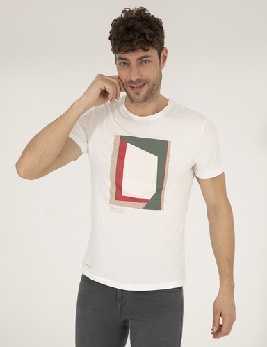 Ekru Slim Fit Baskılı Bisiklet Yaka Tişört