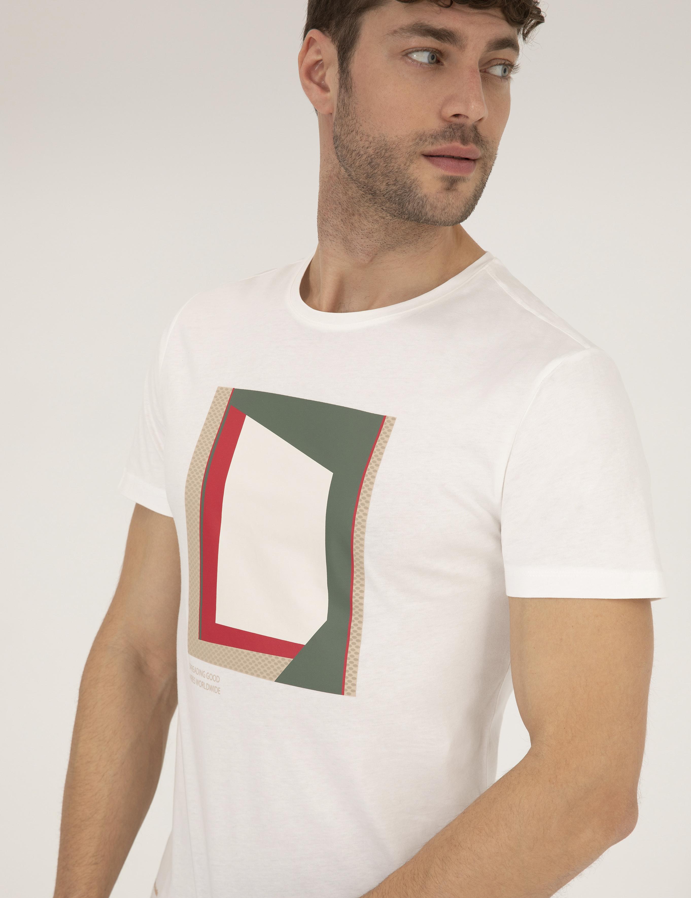 Ekru Slim Fit Baskılı Bisiklet Yaka Tişört