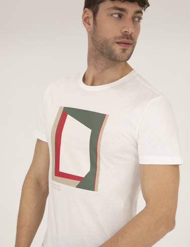 Ekru Slim Fit Baskılı Bisiklet Yaka Tişört
