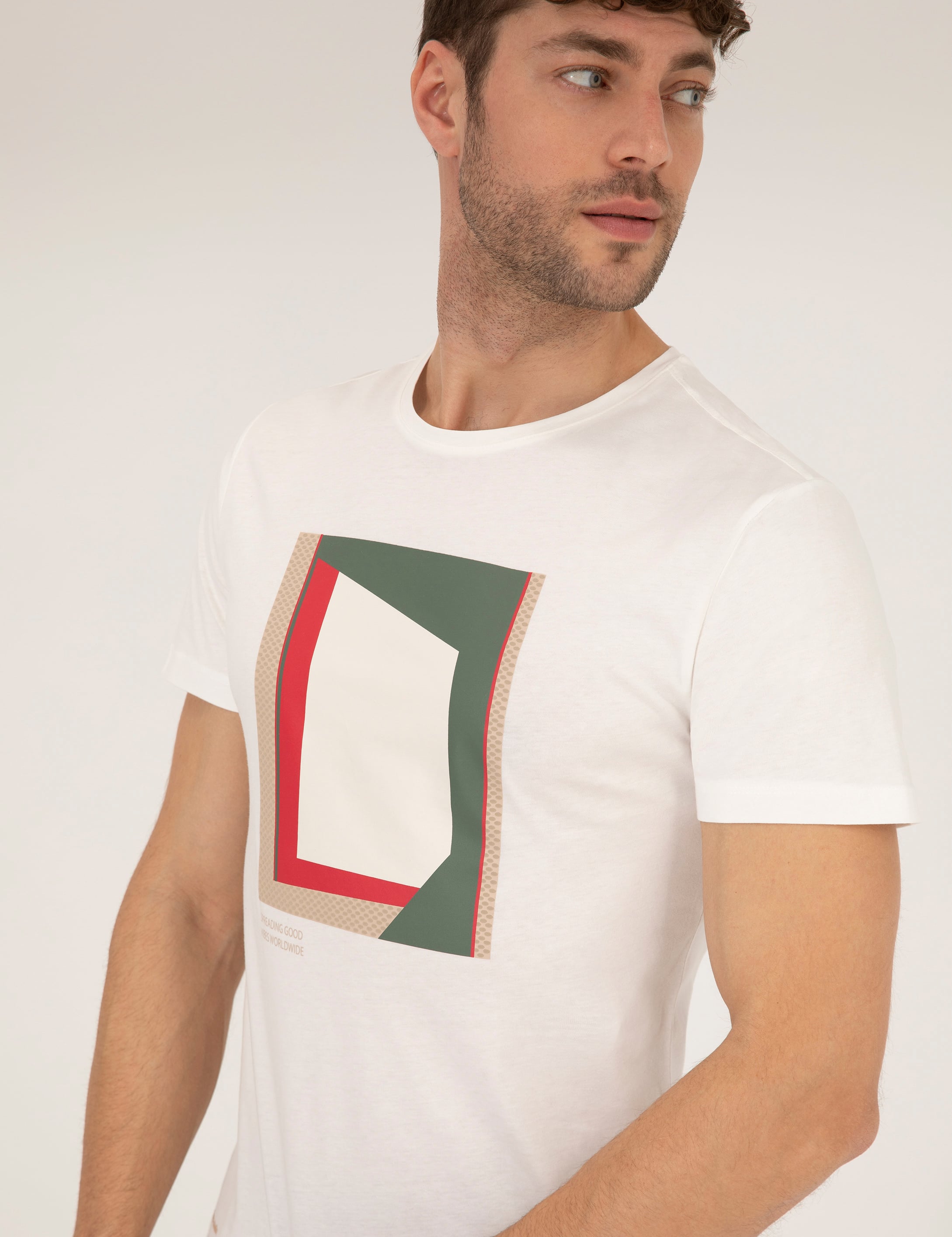 Ekru Slim Fit Baskılı Bisiklet Yaka Tişört