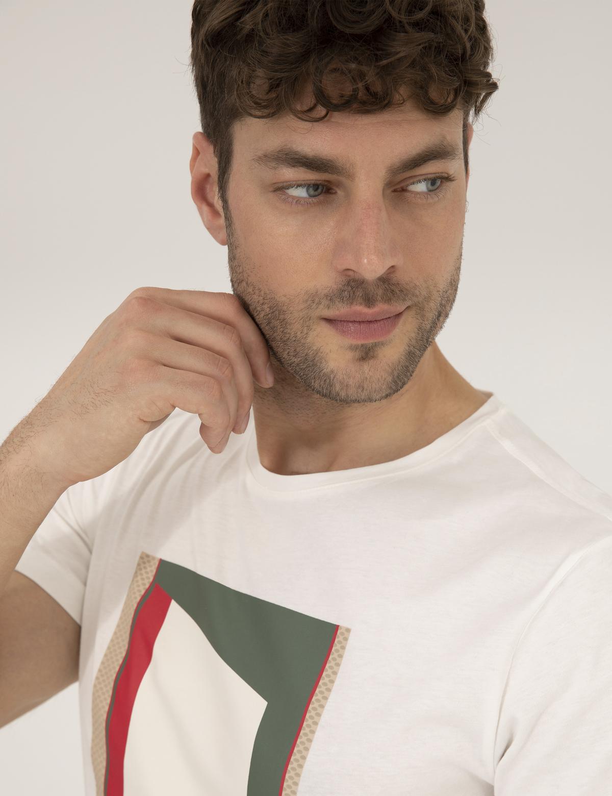 Ekru Slim Fit Baskılı Bisiklet Yaka Tişört - 50263922023