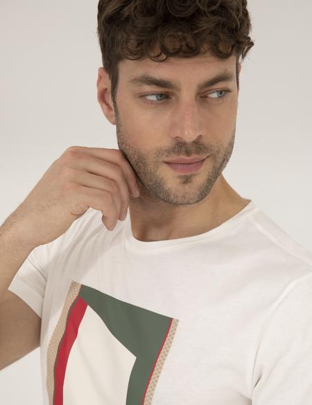 Ekru Slim Fit Baskılı Bisiklet Yaka Tişört - 50263922023