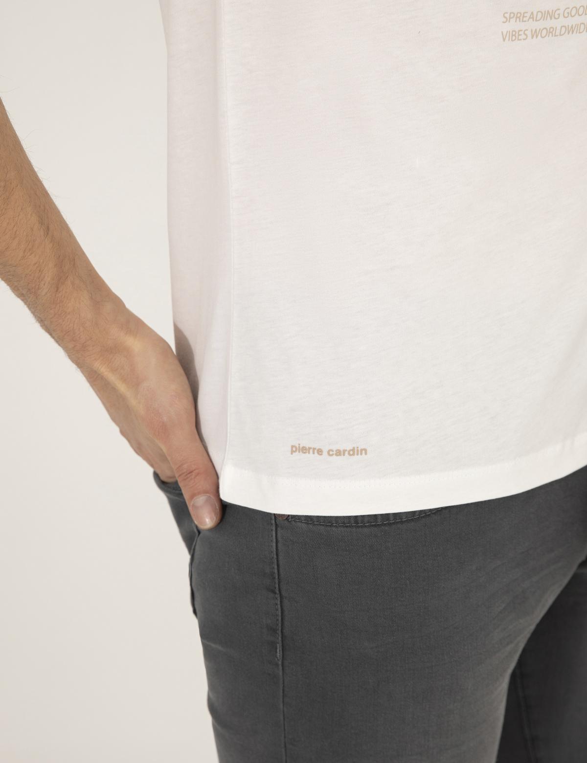 Ekru Slim Fit Baskılı Bisiklet Yaka Tişört - 50263922023