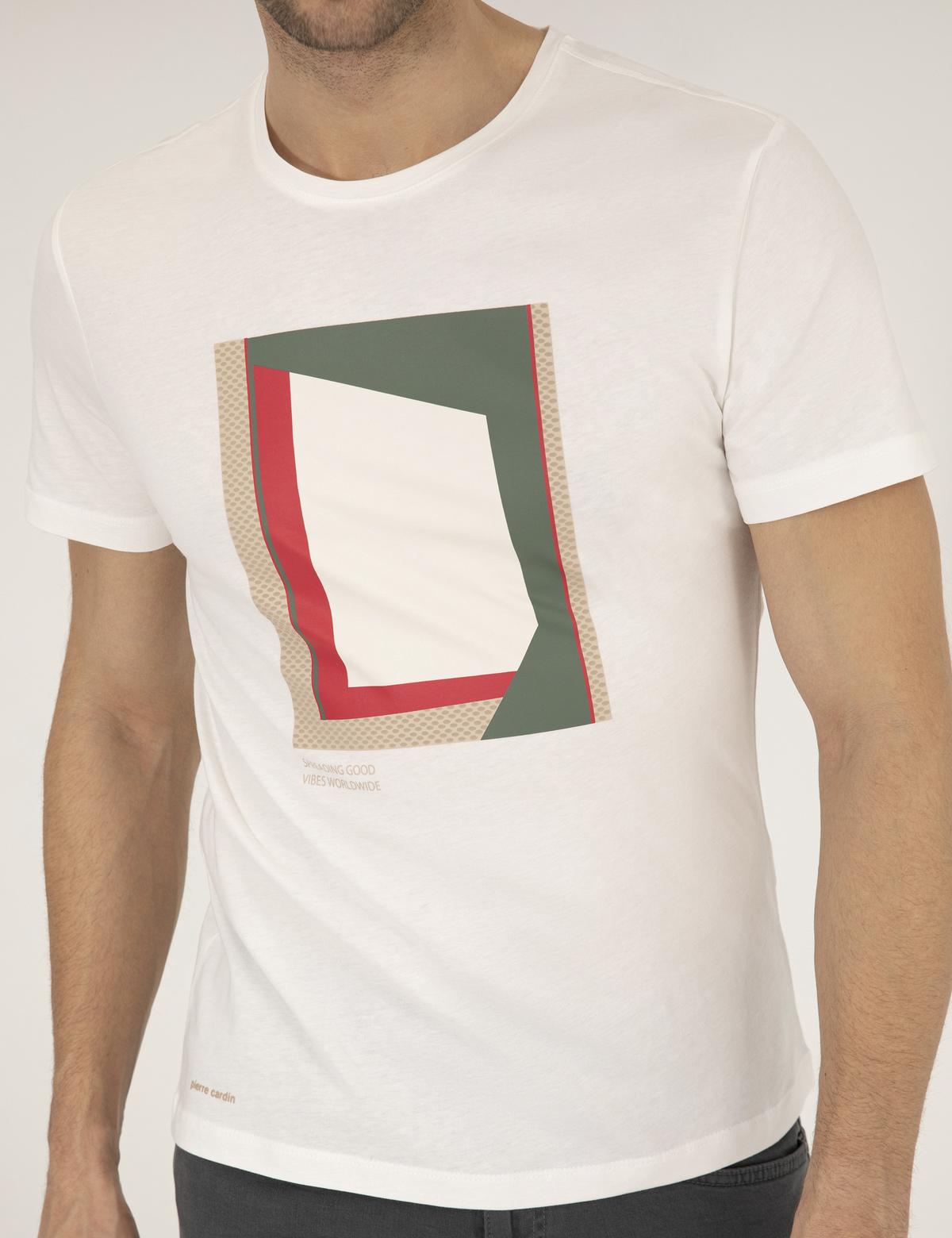 Ekru Slim Fit Baskılı Bisiklet Yaka Tişört - 50263922023