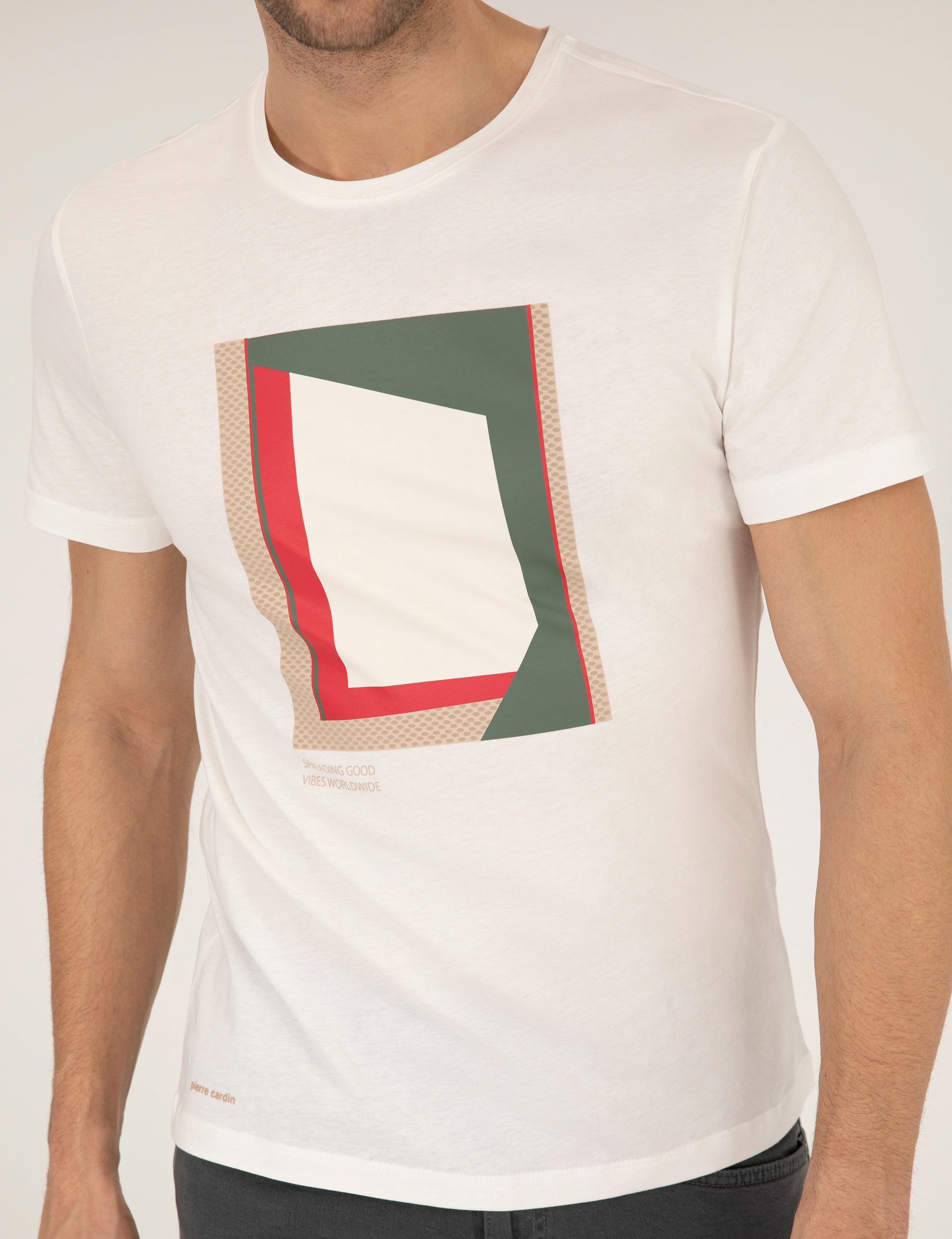Ekru Slim Fit Baskılı Bisiklet Yaka Tişört