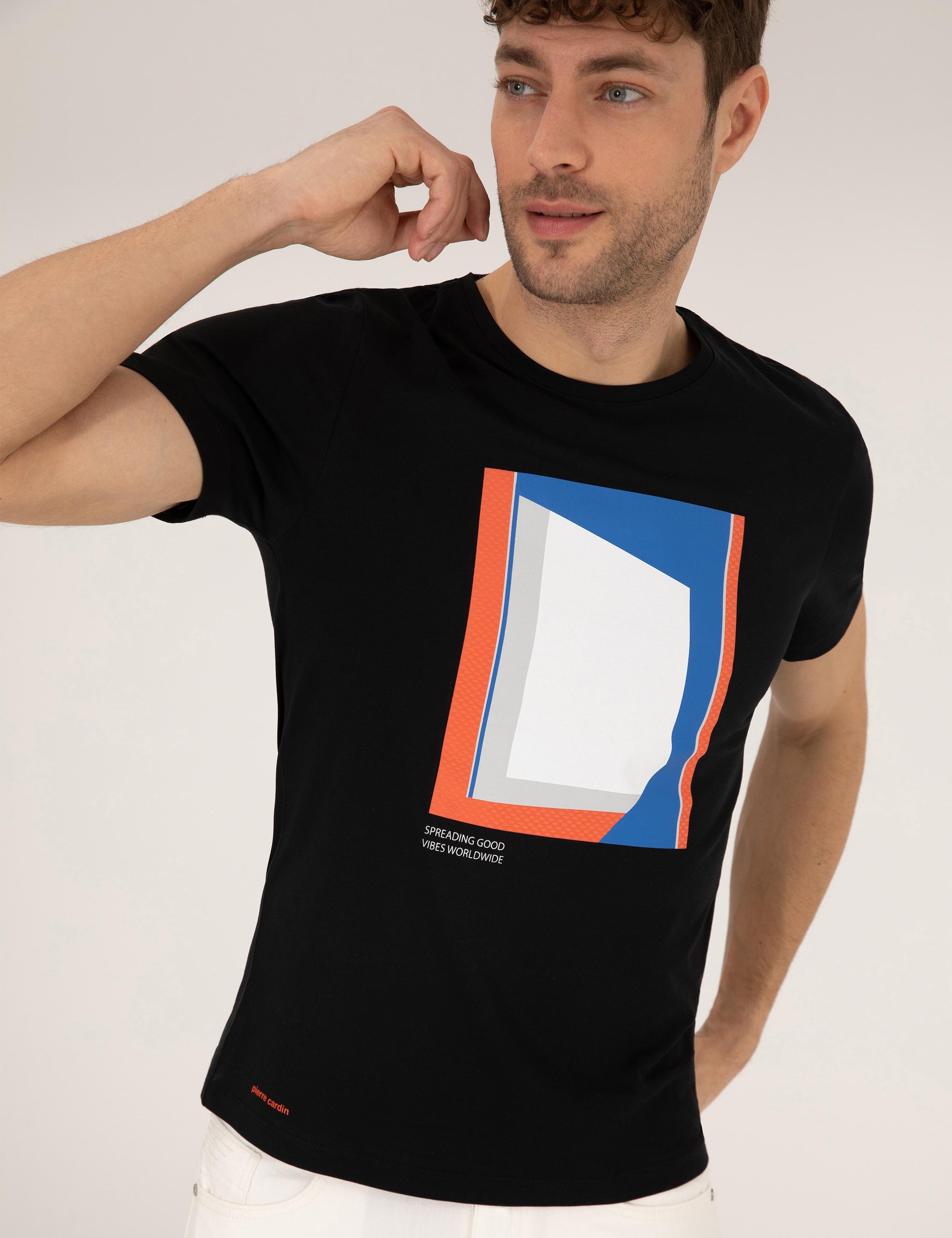 Siyah Baskılı Bisiklet Yaka Tişört