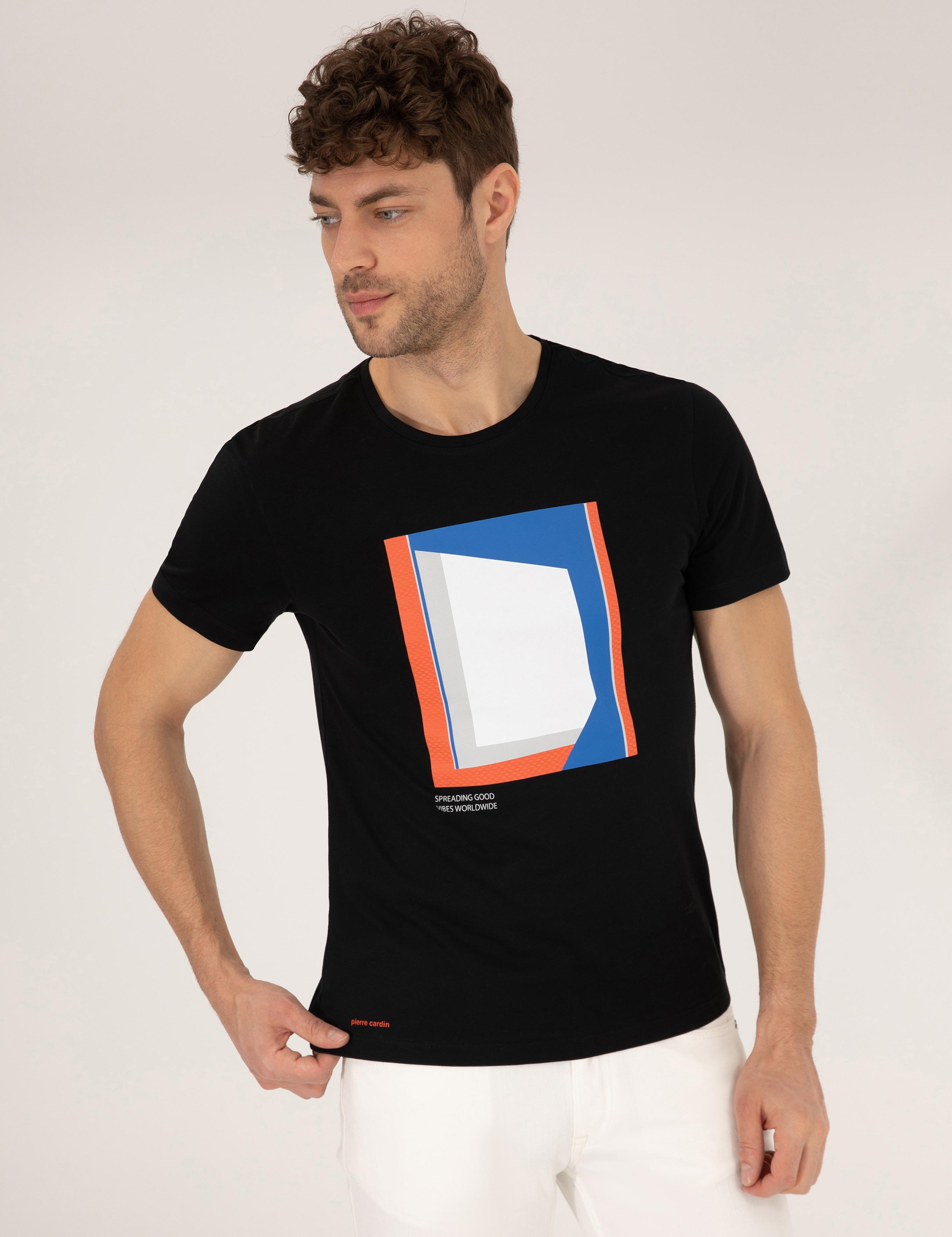 Siyah Baskılı Bisiklet Yaka Tişört