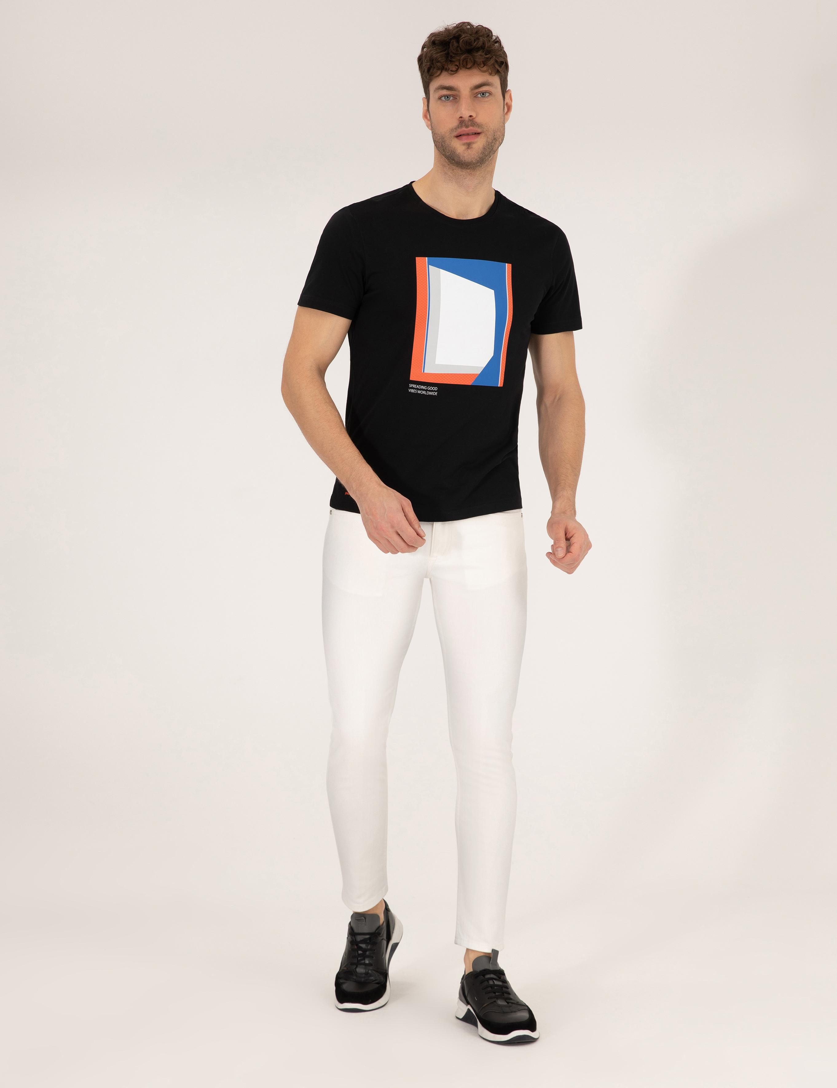 Siyah Baskılı Bisiklet Yaka Tişört