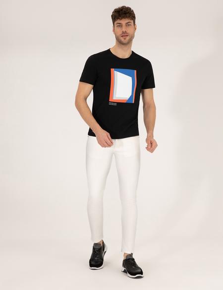 Siyah Baskılı Bisiklet Yaka Tişört - 50263922033