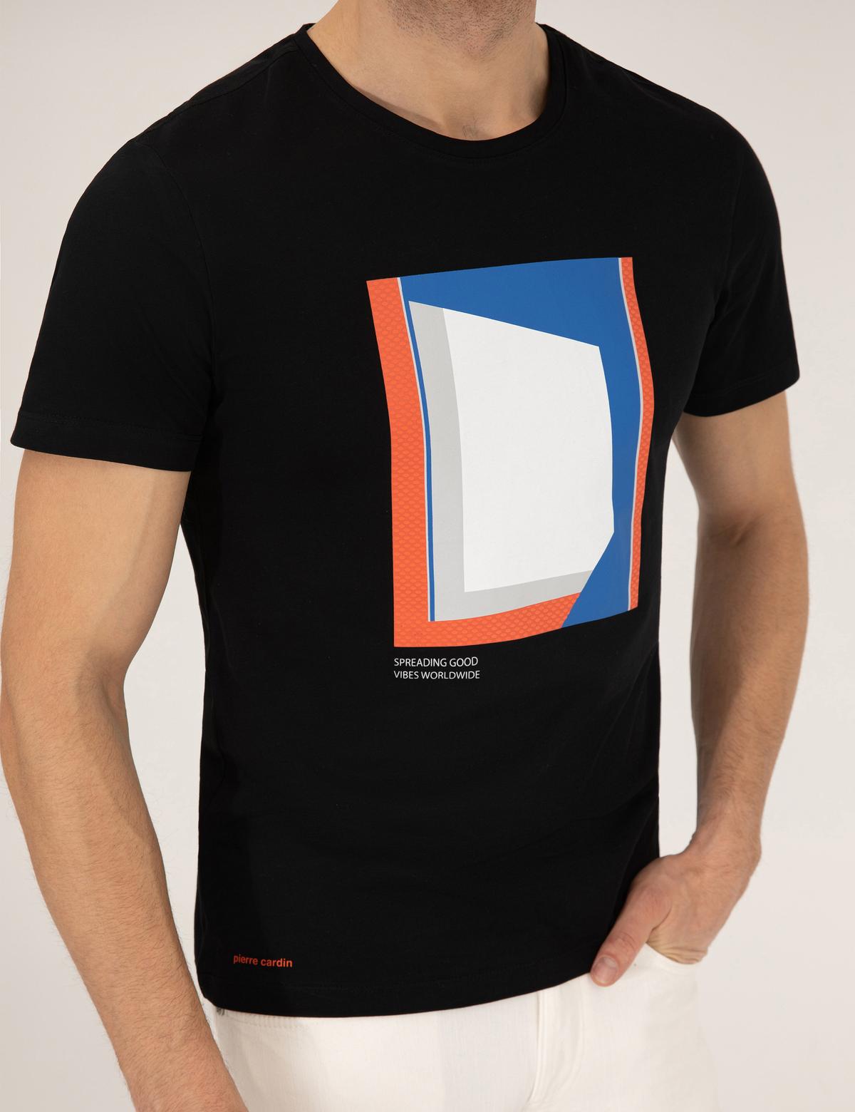 Siyah Baskılı Bisiklet Yaka Tişört - 50263922033