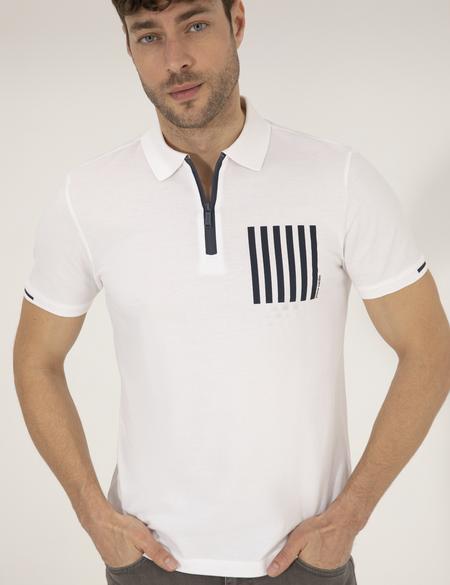 Beyaz Slim Fit Fermuarlı Polo Yaka Tişört - 50263932028