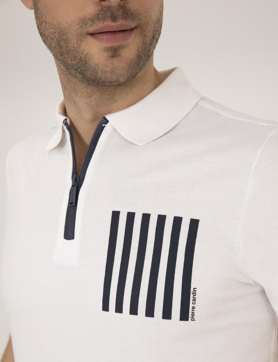 Beyaz Slim Fit Fermuarlı Polo Yaka Tişört