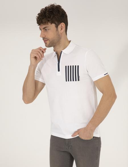 Beyaz Slim Fit Fermuarlı Polo Yaka Tişört - 50263932028