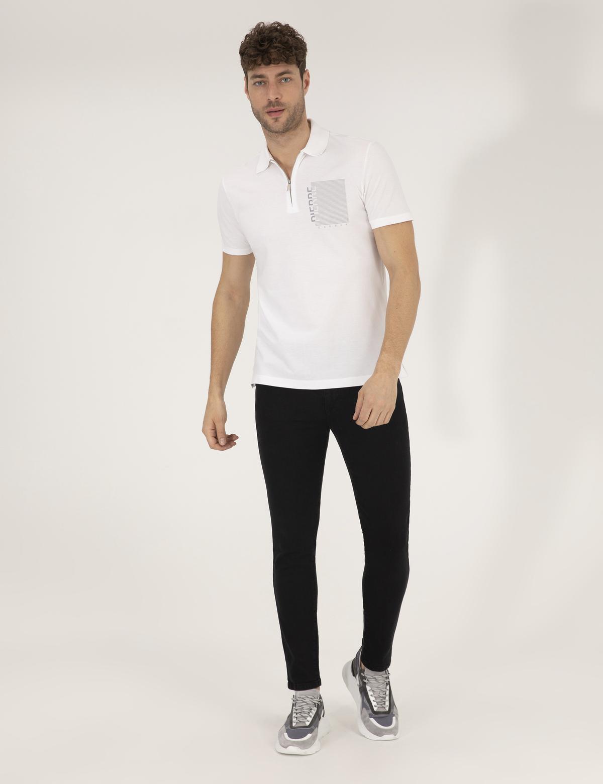 Beyaz Slim Fit Fermuarlı Polo Yaka Tişört - 50264570024