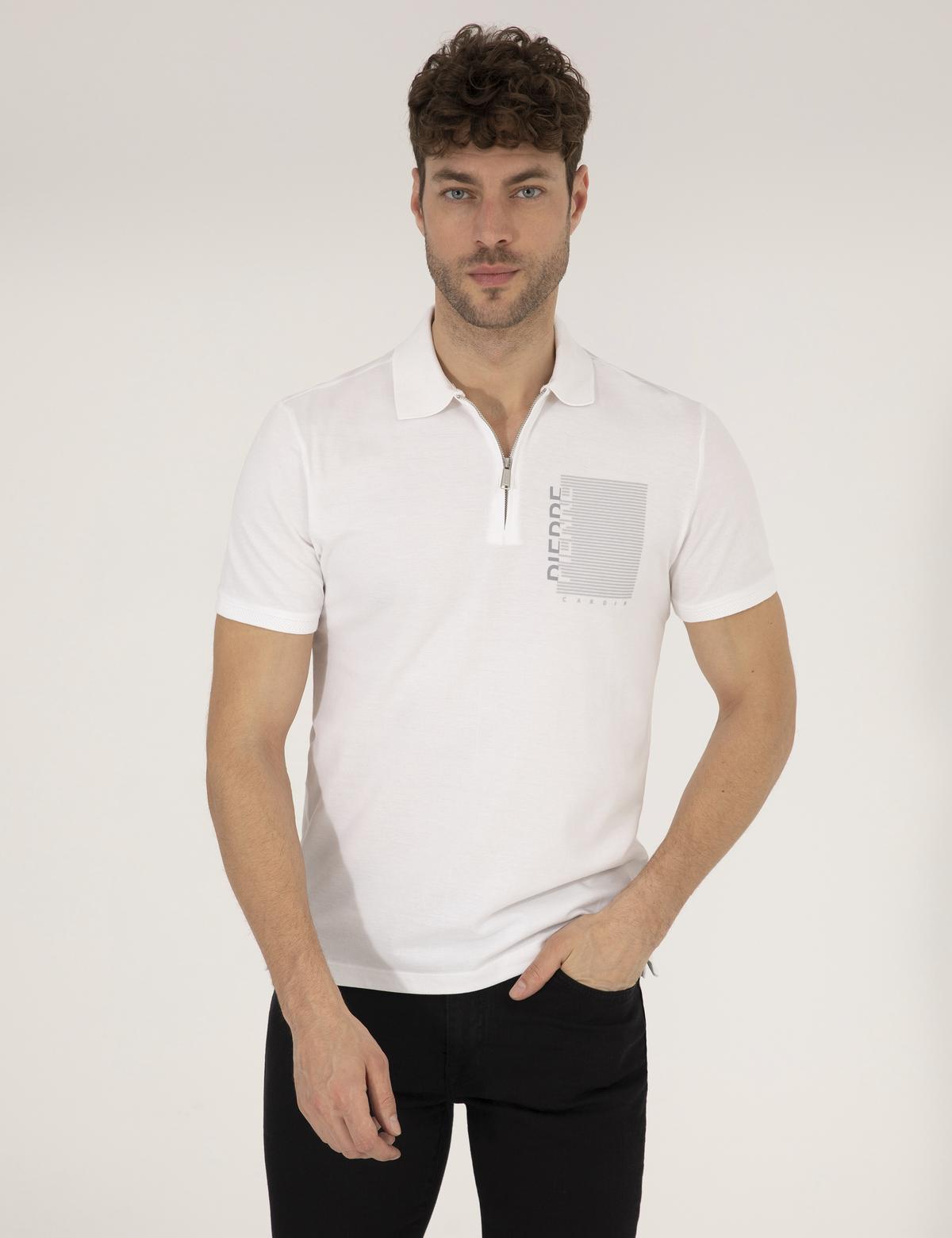 Beyaz Slim Fit Fermuarlı Polo Yaka Tişört