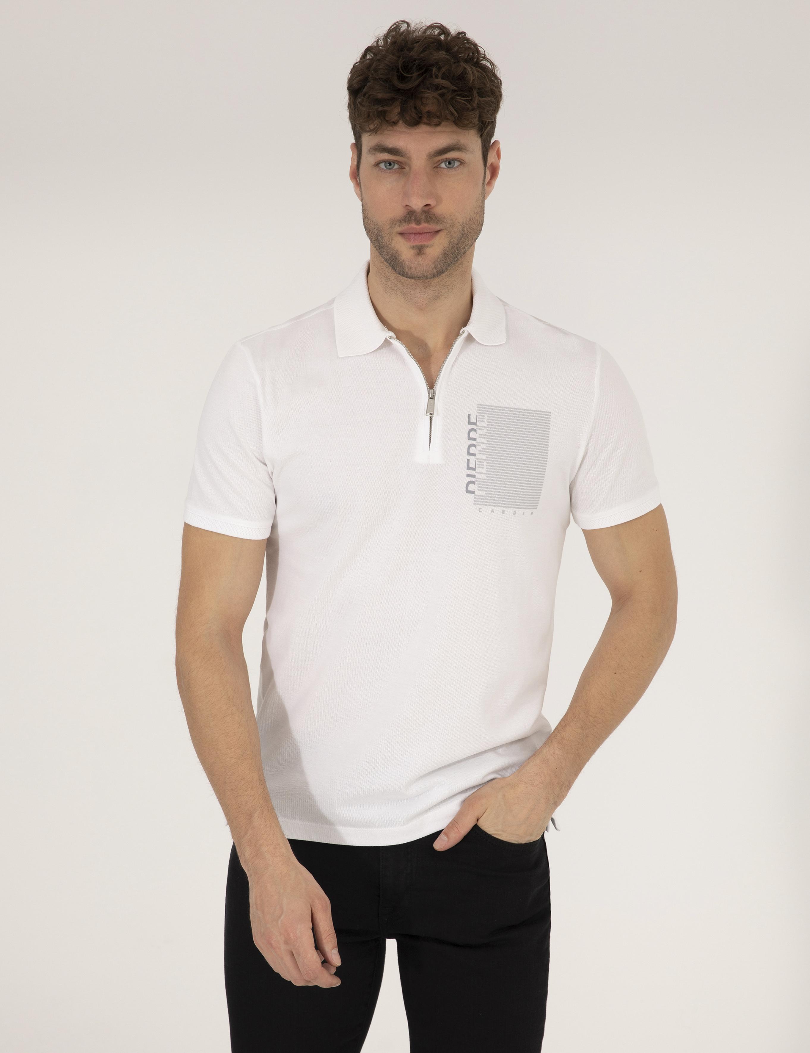 Beyaz Slim Fit Fermuarlı Polo Yaka Tişört
