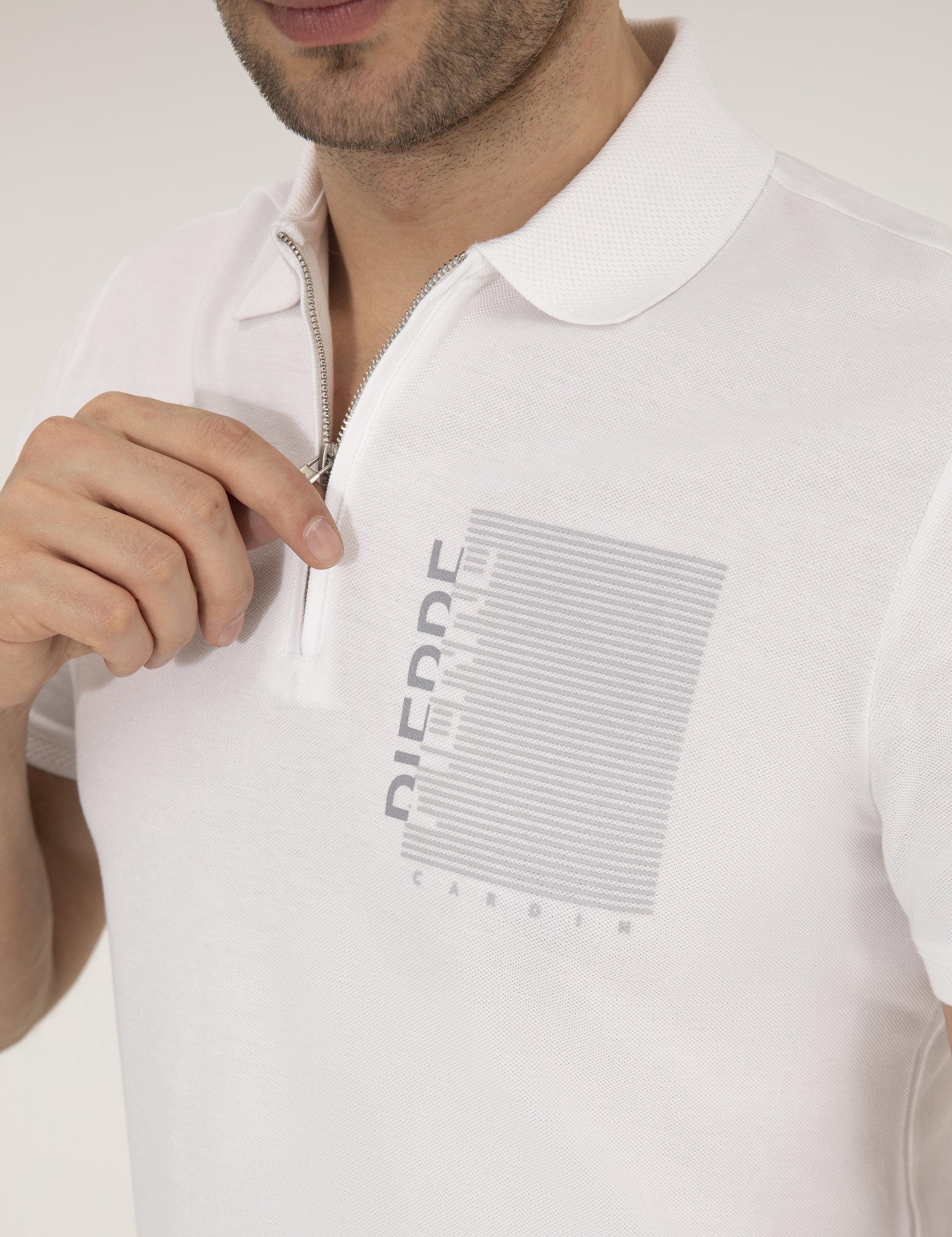 Beyaz Slim Fit Fermuarlı Polo Yaka Tişört