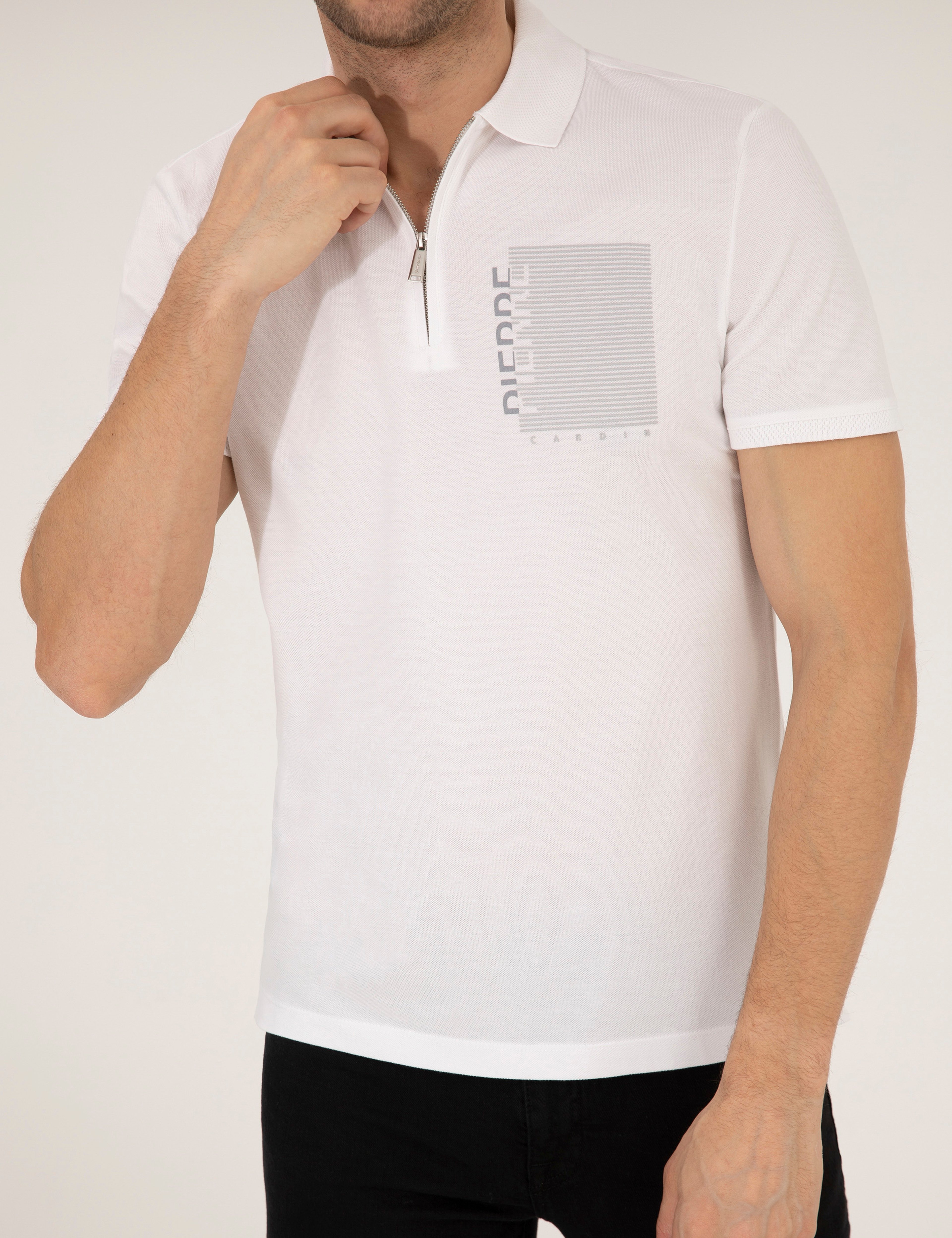 Beyaz Slim Fit Fermuarlı Polo Yaka Tişört - Image 6