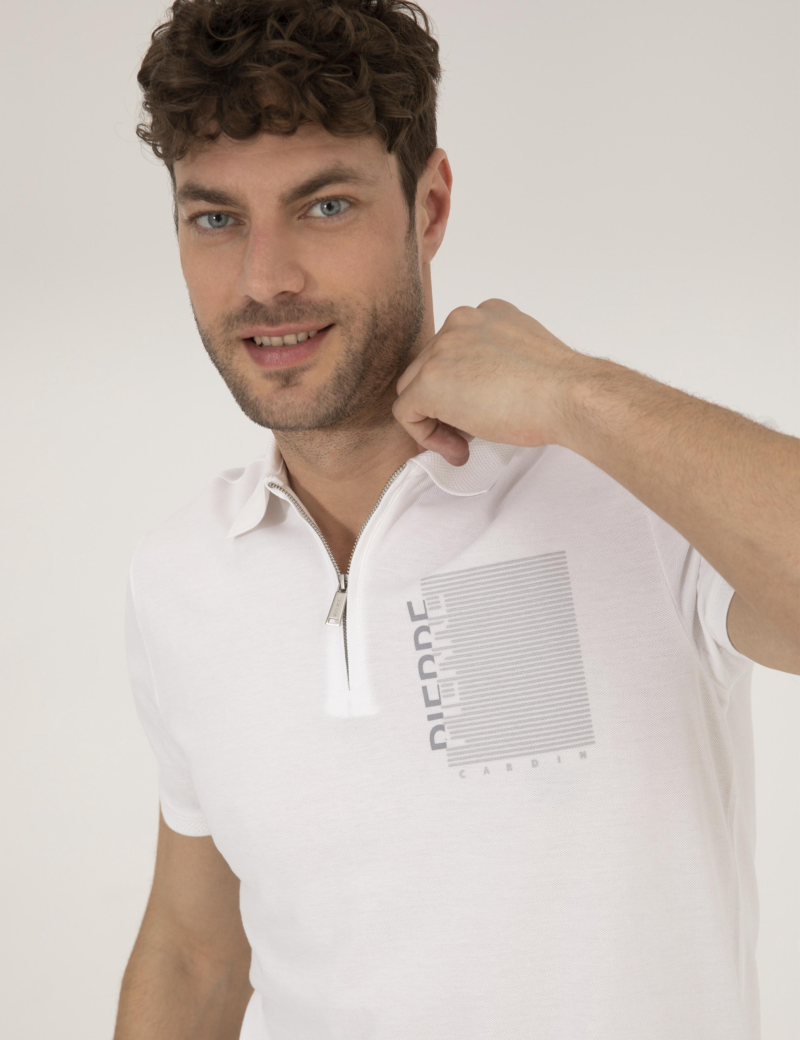 Beyaz Slim Fit Fermuarlı Polo Yaka Tişört