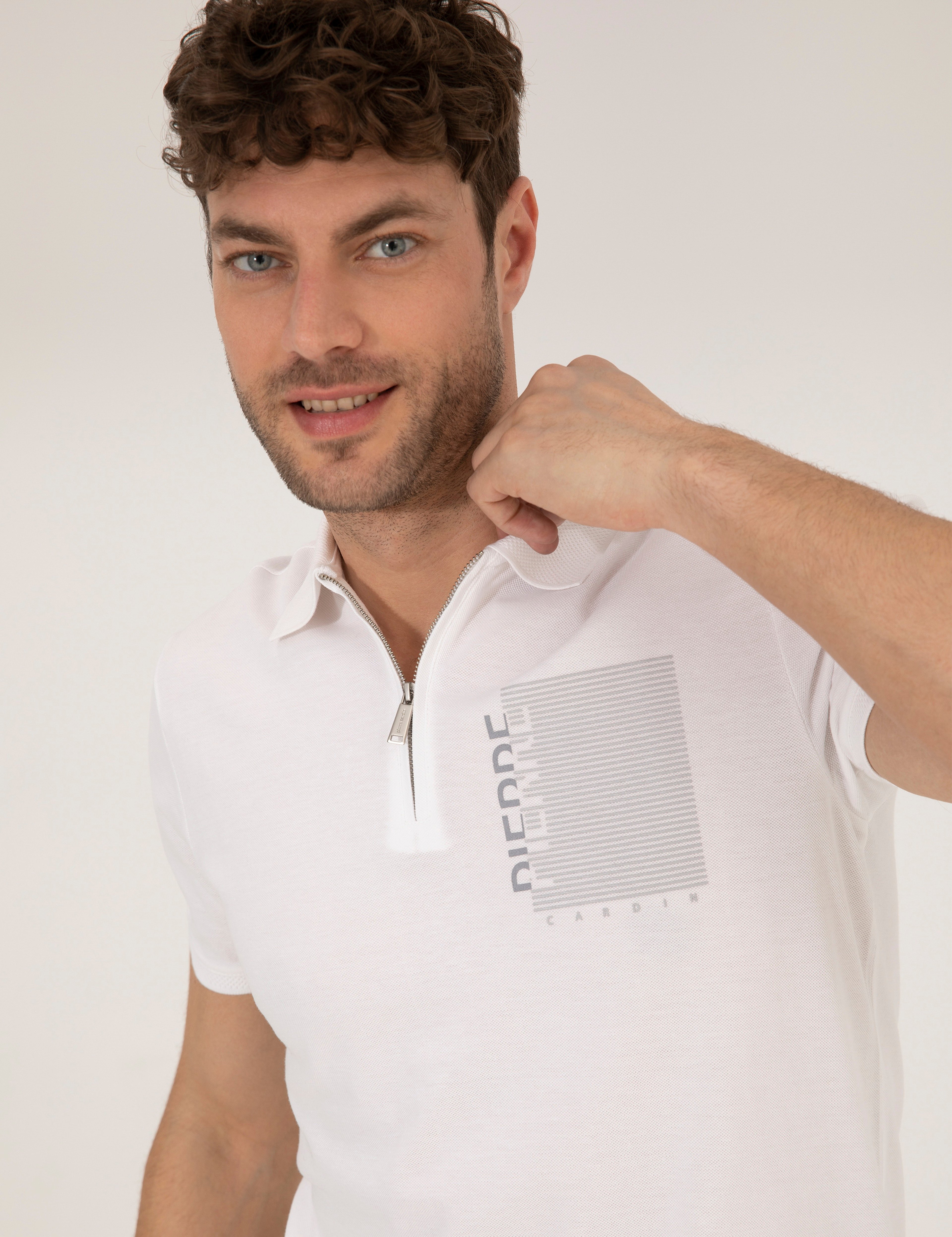 Beyaz Slim Fit Fermuarlı Polo Yaka Tişört - Image 2