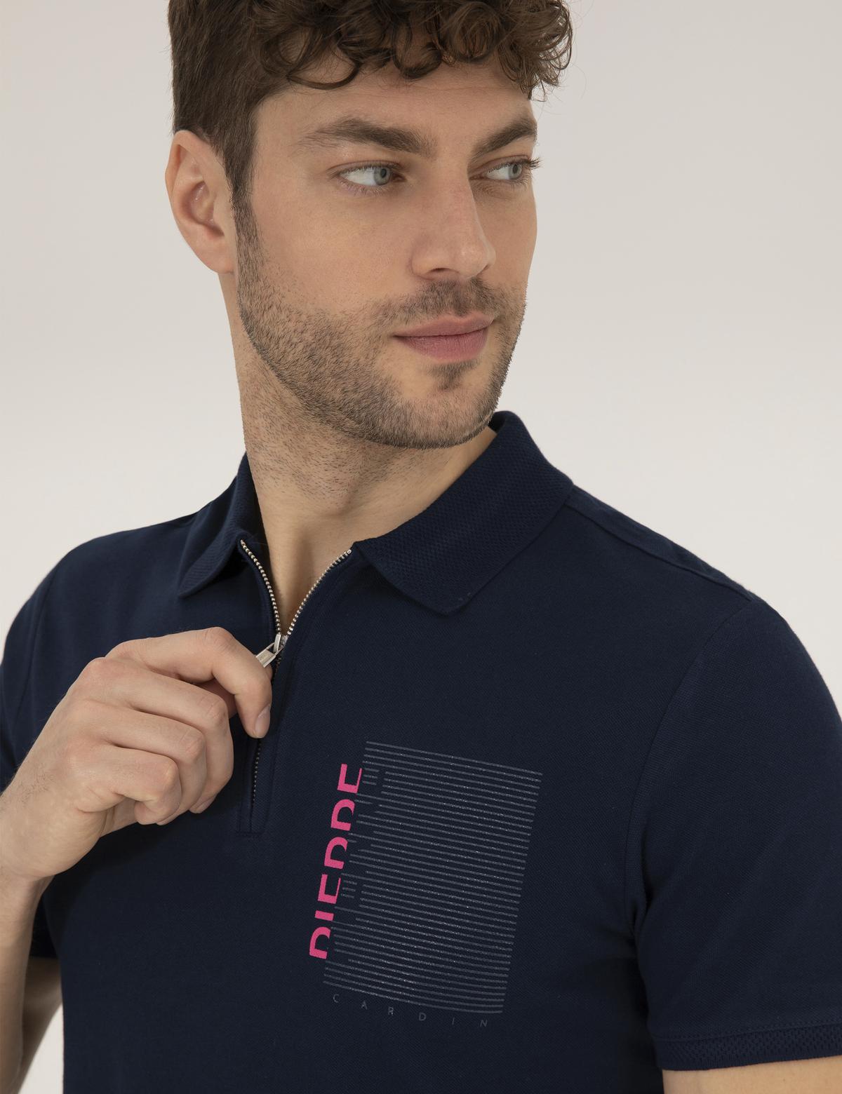 Lacivert Slim Fit Fermuarlı Polo Yaka Tişört - 50264570056