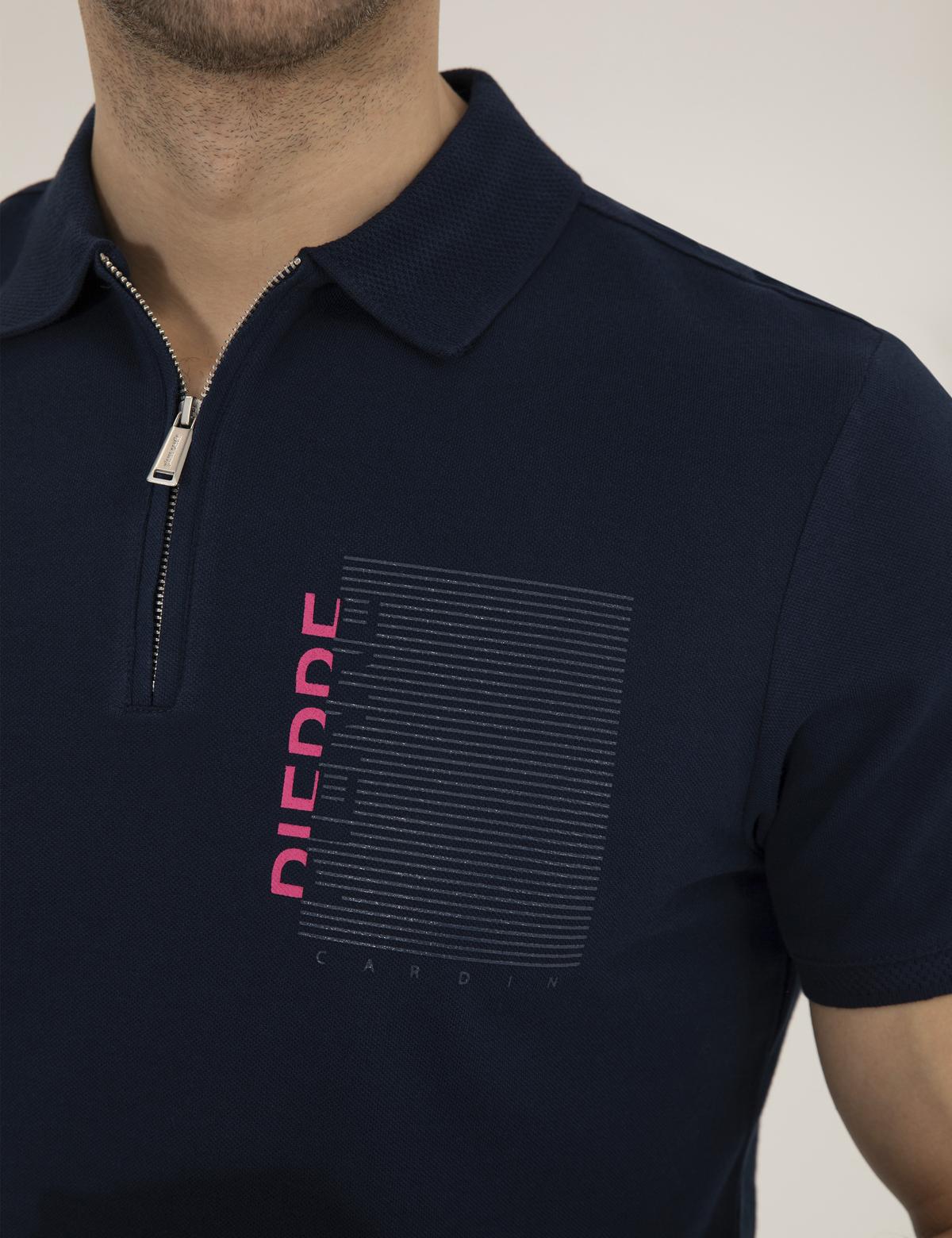 Lacivert Slim Fit Fermuarlı Polo Yaka Tişört - 50264570056