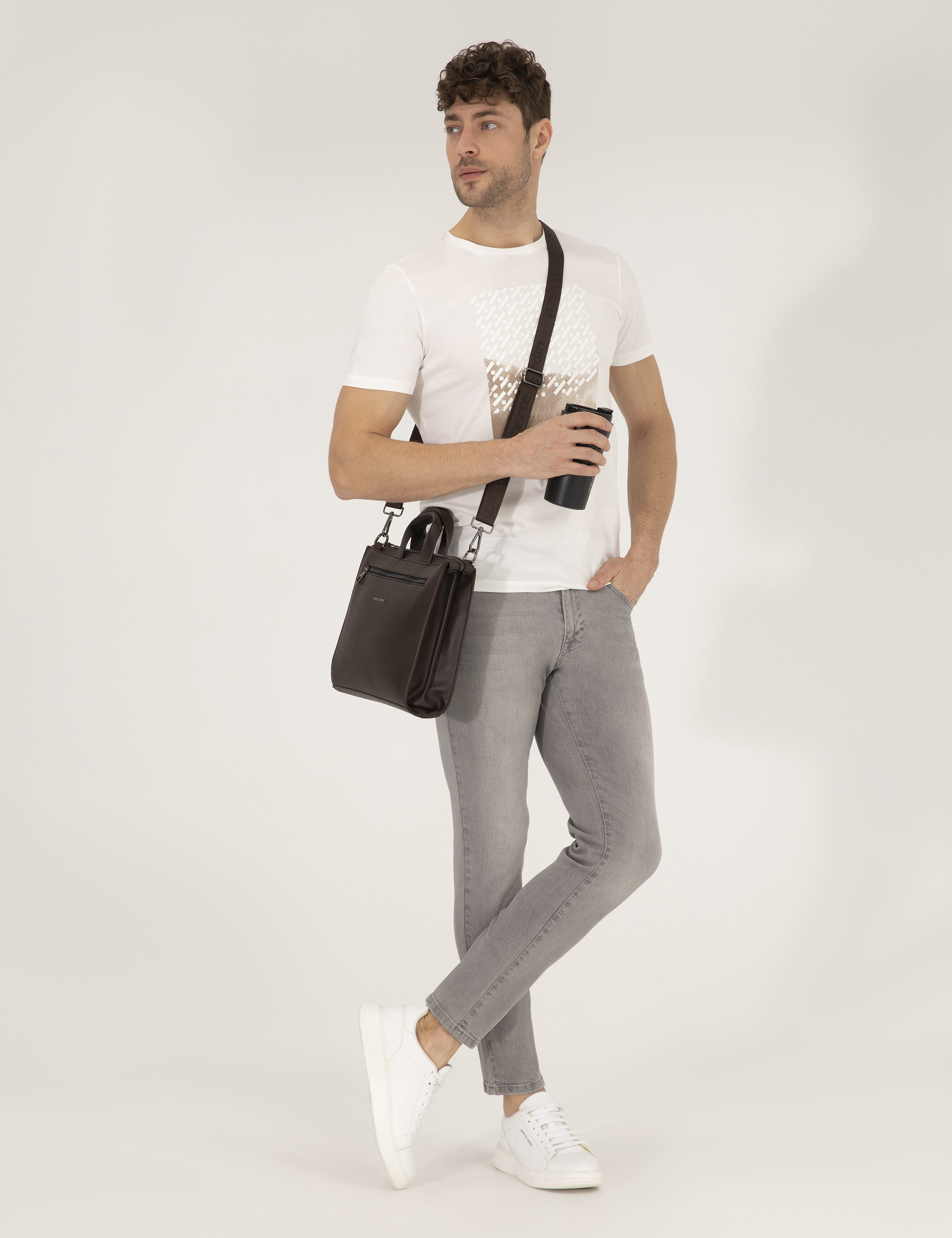 Ekru Slim Fit Baskılı Bisiklet Yaka Tişört - Image 4