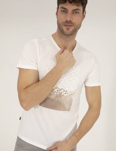 Ekru Slim Fit Baskılı Bisiklet Yaka Tişört