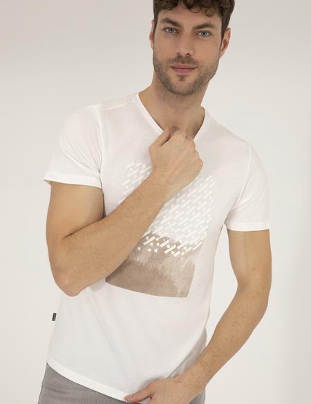 Ekru Slim Fit Baskılı Bisiklet Yaka Tişört - 50264716028