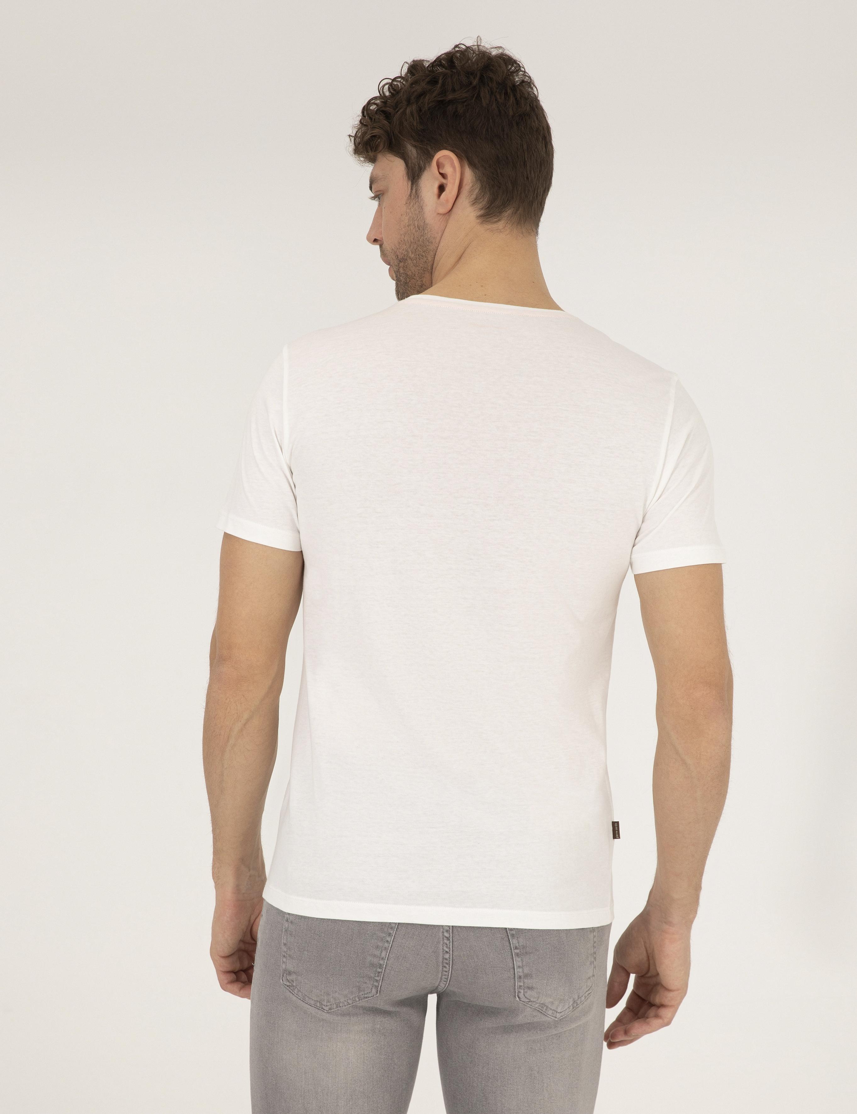 Ekru Slim Fit Baskılı Bisiklet Yaka Tişört