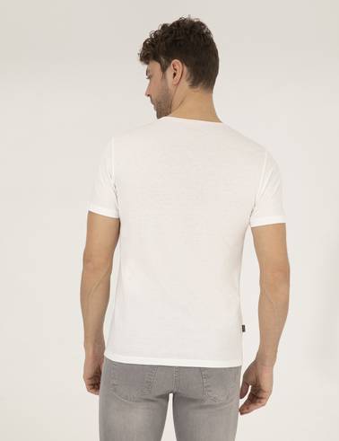 Ekru Slim Fit Baskılı Bisiklet Yaka Tişört