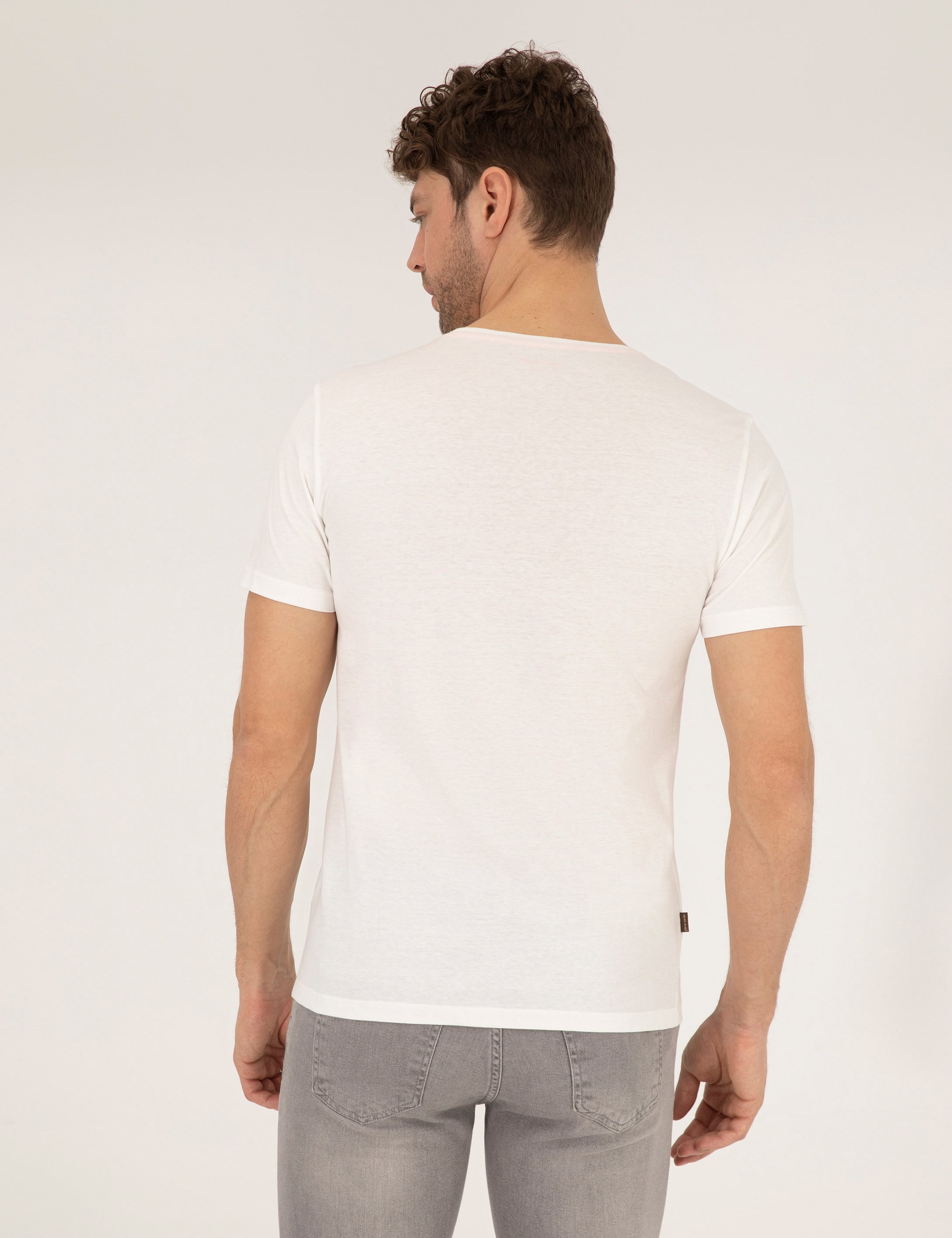 Ekru Slim Fit Baskılı Bisiklet Yaka Tişört