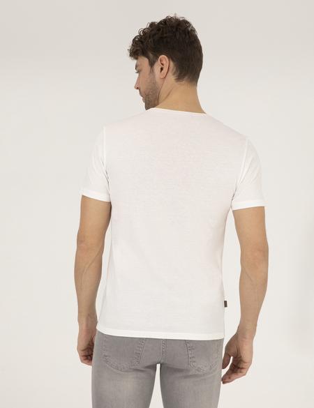 Ekru Slim Fit Baskılı Bisiklet Yaka Tişört - 50264716028