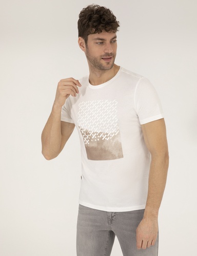 Ekru Slim Fit Baskılı Bisiklet Yaka Tişört