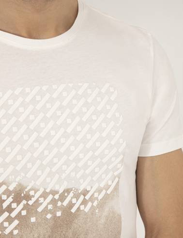 Ekru Slim Fit Baskılı Bisiklet Yaka Tişört